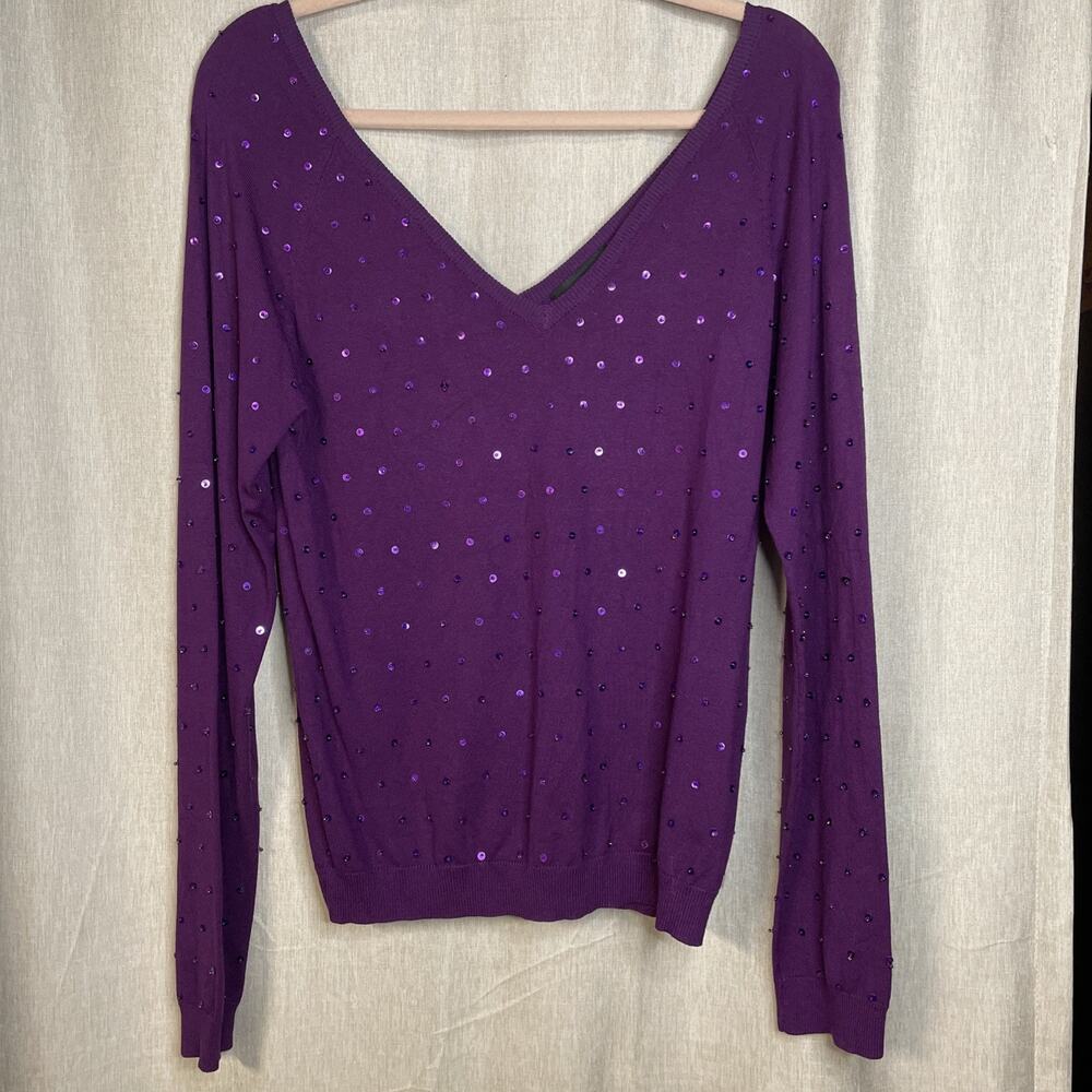 Attention Silk Blend Purple Sweater - Deep V Neck Sequined/Beaded - Size Small